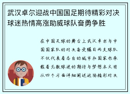 武汉卓尔迎战中国国足期待精彩对决球迷热情高涨助威球队奋勇争胜